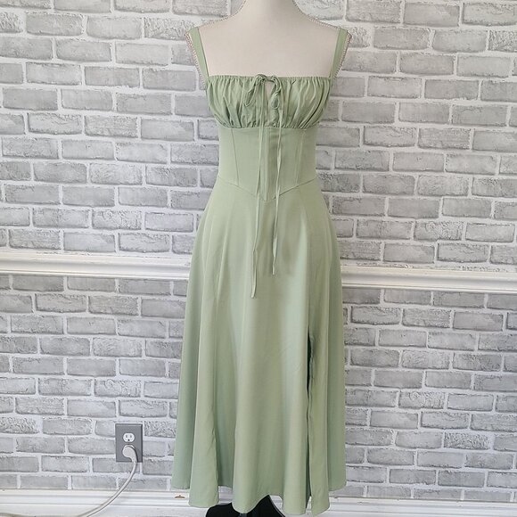 Parthea Ruched Bust Split Thigh Cami Dress Corset Tie Back NEW Sm Cottage Fairy - Picture 9 of 10